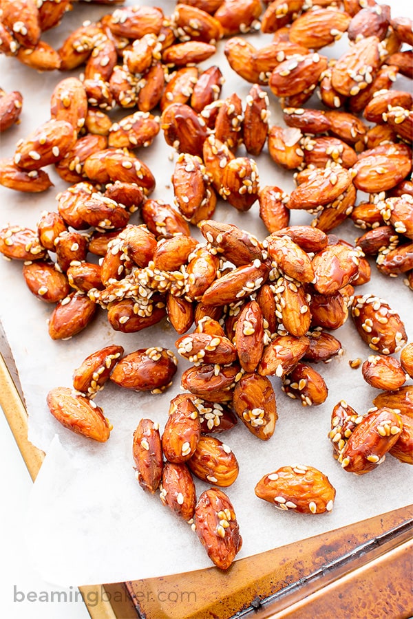 Maple Sesame Almonds (V+GF): An easy recipe for skillet-roasted maple sesame almonds made with just 6 ingredients. #Vegan #GlutenFree | BeamingBaker.com