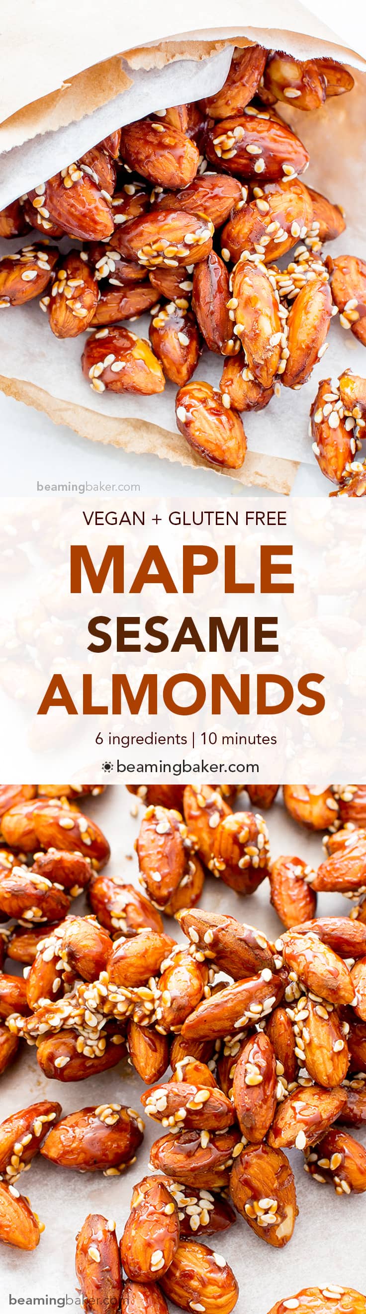 Maple Sesame Almonds (V+GF): An easy recipe for skillet-roasted maple sesame almonds made with just 6 ingredients. #Vegan #GlutenFree | BeamingBaker.com