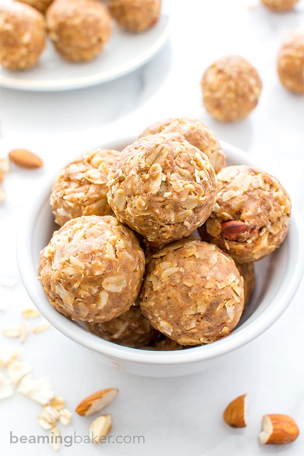 No Bake Almond Butter Coconut Bites (V+GF): Nutty, lightly sweet and satisfying energy bites made from just 6 simple ingredients. #Vegan #Gluten Free | BeamingBaker.com