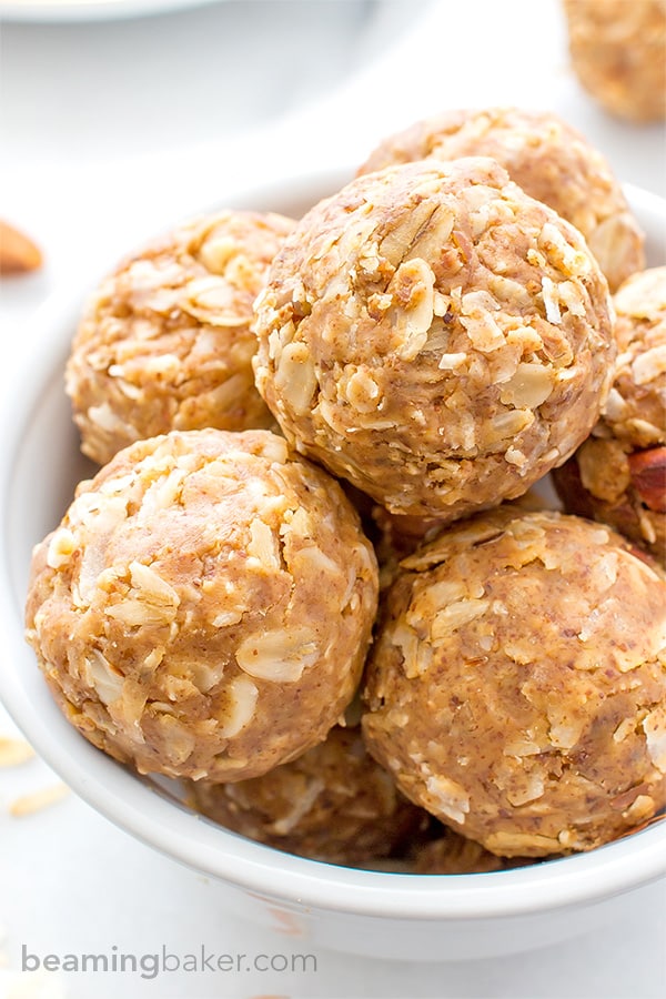 No Bake Almond Butter Coconut Bites (V+GF): Nutty, lightly sweet and satisfying energy bites made from just 6 simple ingredients. #Vegan #Gluten Free | BeamingBaker.com