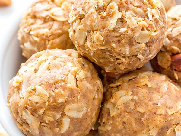 No Bake Almond Butter Coconut Bites (V+GF): Nutty, lightly sweet and satisfying energy bites made from just 6 simple ingredients. BeamingBaker.com #Vegan #Gluten Free