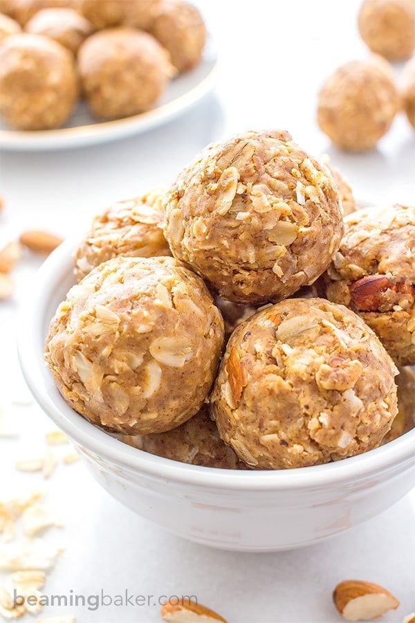No Bake Almond Butter Coconut Bites (V+GF): Nutty, lightly sweet and satisfying energy bites made from just 6 simple ingredients. #Vegan #Gluten Free | BeamingBaker.com