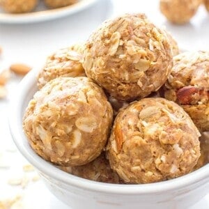 No Bake Almond Butter Coconut Bites (V+GF): Nutty, lightly sweet and satisfying energy bites made from just 6 simple ingredients. BeamingBaker.com #Vegan #Gluten Free