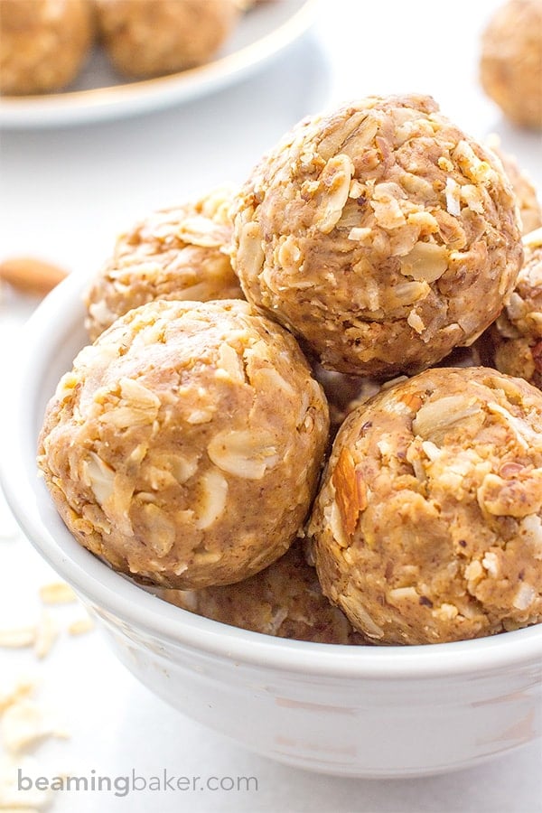 No Bake Almond Butter Coconut Bites (V+GF): Nutty, lightly sweet and satisfying energy bites made from just 6 simple ingredients. #Vegan #Gluten Free | BeamingBaker.com