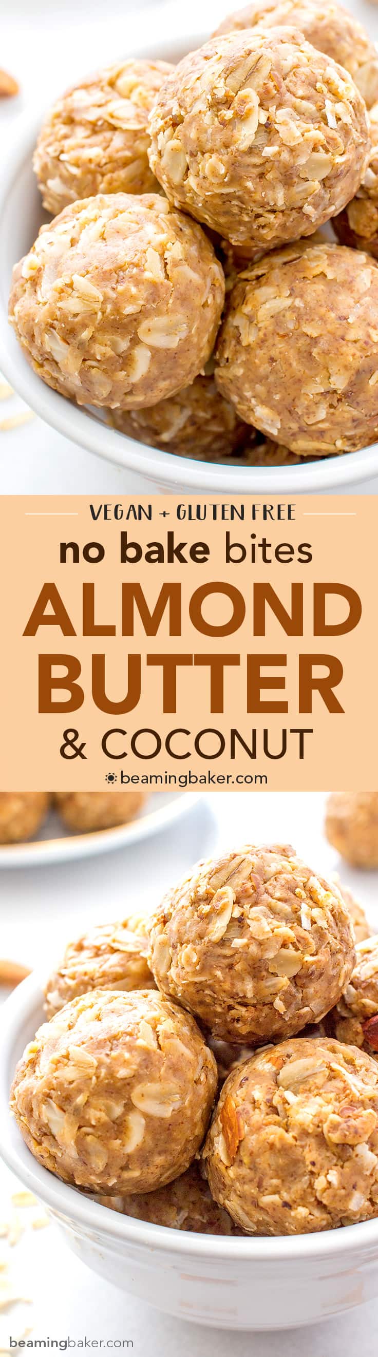 No Bake Almond Butter Coconut Bites (V+GF): Nutty, lightly sweet and satisfying energy bites made from just 6 simple ingredients. #Vegan #Gluten Free | BeamingBaker.com