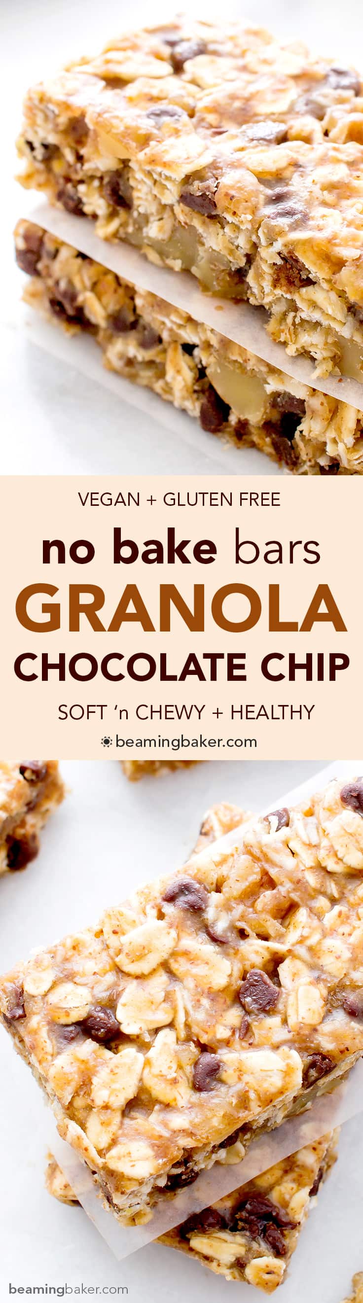 No Bake Chewy Chocolate Chip Granola Bars (V+GF): the perfect protein-rich, on-the-go snack that’s super easy to make, full of simple ingredients and delicious. #Vegan and #GlutenFree | BeamingBaker.com