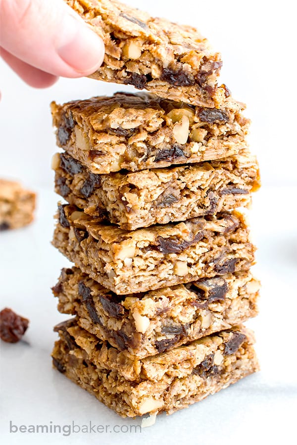 Oatmeal Raisin Cookie Bars (V+GF): an easy recipe for soft, chewy cookie bars made from simple ingredients, bursting with juicy raisins and walnuts. #Vegan #GlutenFree | BeamingBaker.com