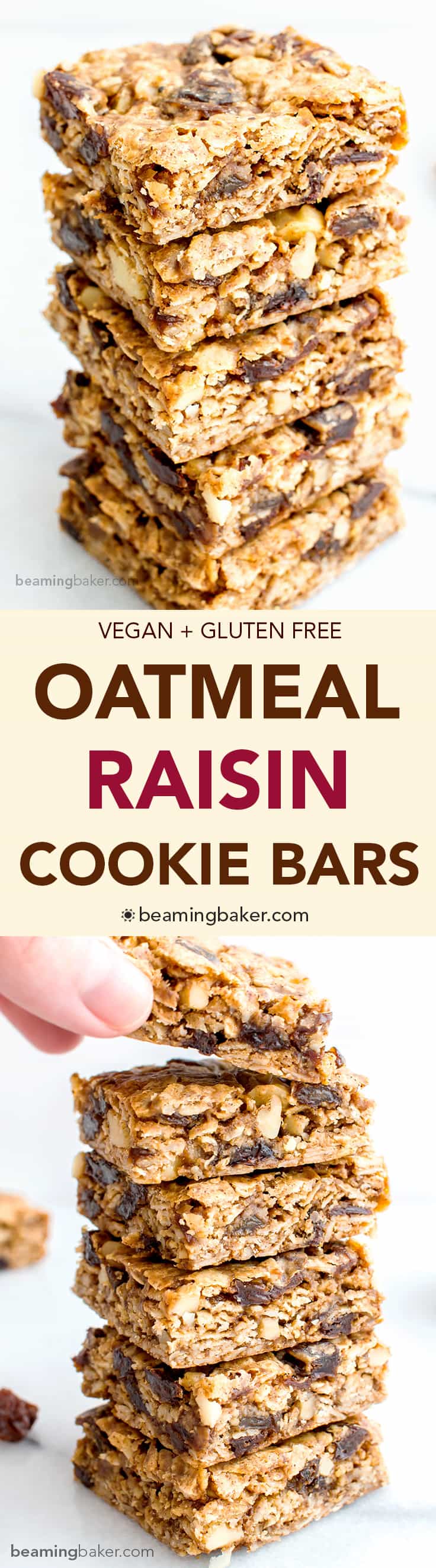 Oatmeal Raisin Cookie Bars (V+GF): an easy recipe for soft, chewy cookie bars made from simple ingredients, bursting with juicy raisins and walnuts. #Vegan #GlutenFree | BeamingBaker.com