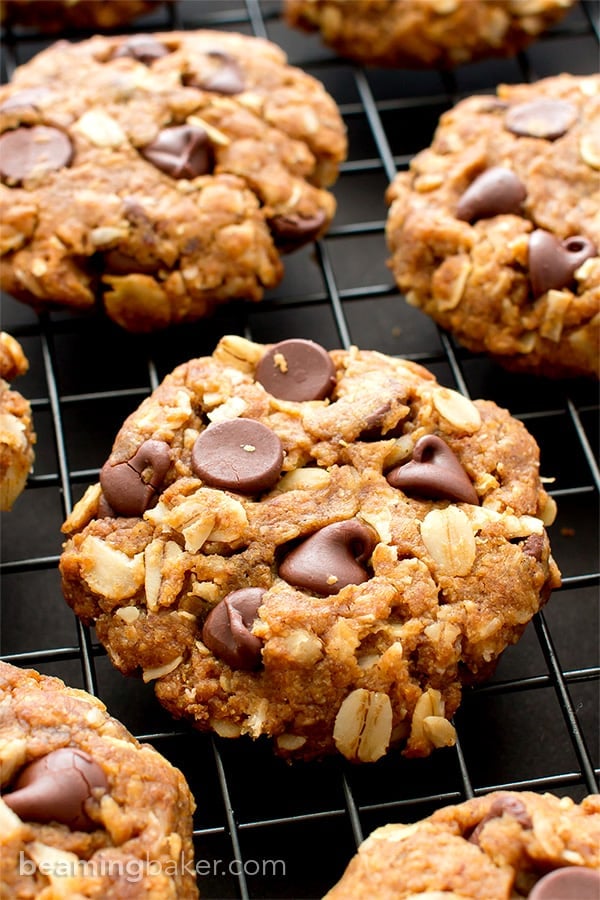 Peanut Butter Chocolate Chip Oatmeal Cookies (V+GF): An easy recipe for soft, deliciously textured cookies with oats, coconut, and LOTS of peanut butter and chocolate. #Vegan and #GlutenFree | BeamingBaker.com