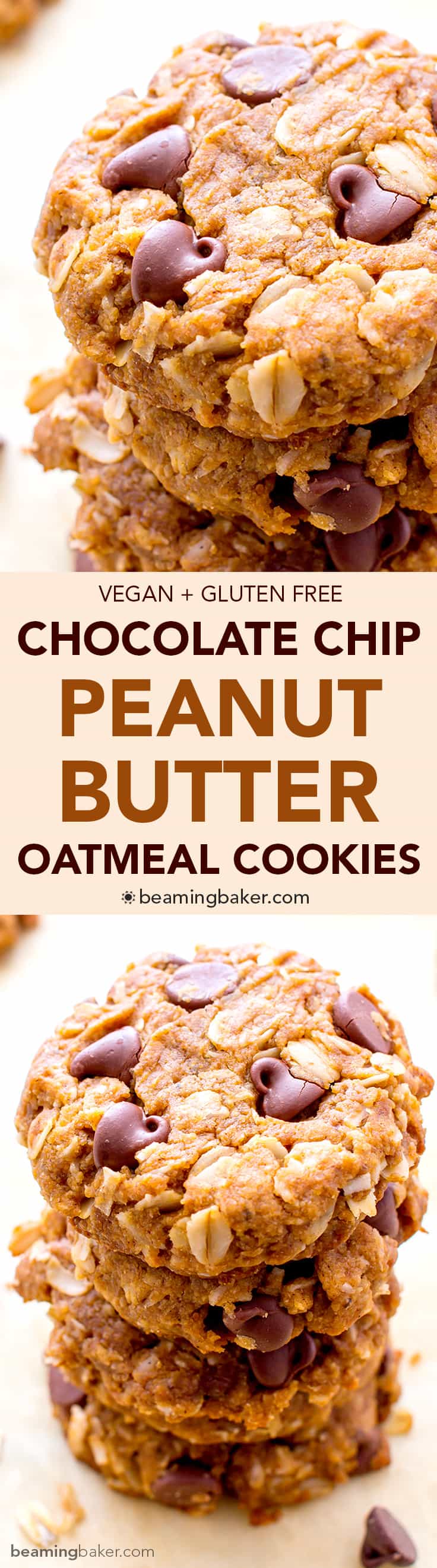 Peanut Butter Chocolate Chip Oatmeal Cookies (V+GF): An easy recipe for soft, deliciously textured cookies with oats, coconut, and LOTS of peanut butter and chocolate. #Vegan #GlutenFree | BeamingBaker.com