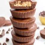 Chocolate Chip Cookie Dough Cups (V+GF): thick, indulgent, homemade chocolate cups stuffed with chocolate chip cookie dough. #Vegan #GlutenFree | BeamingBaker.com