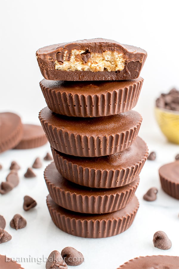 Chocolate Chip Cookie Dough Cups (V+GF): thick, indulgent, homemade chocolate cups stuffed with chocolate chip cookie dough. #Vegan #GlutenFree | BeamingBaker.com