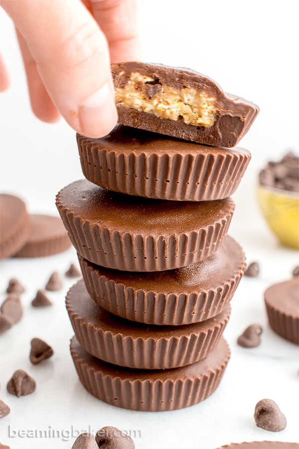 Chocolate Chip Cookie Dough Cups (V+GF): thick, indulgent, homemade chocolate cups stuffed with chocolate chip cookie dough. #Vegan #GlutenFree | BeamingBaker.com 