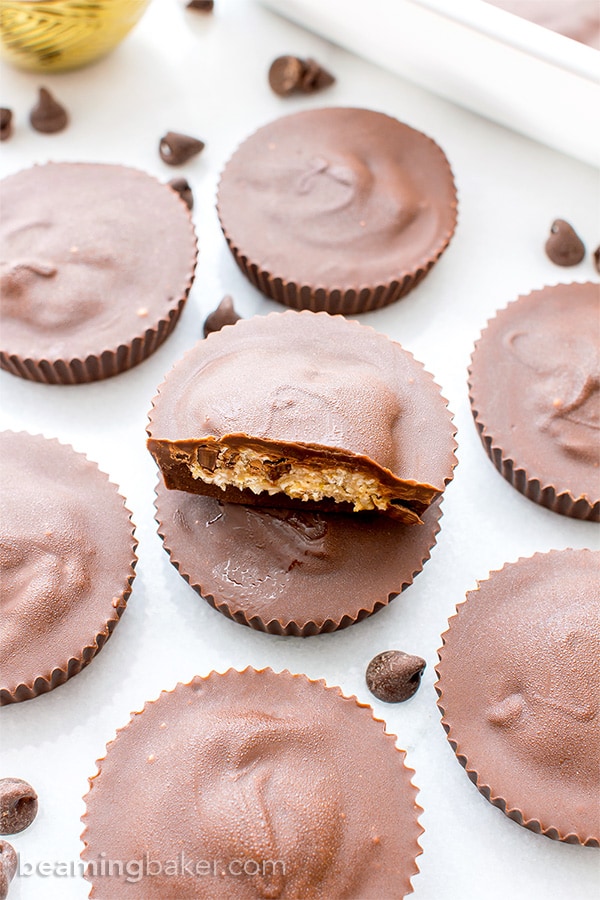 Chocolate Chip Cookie Dough Cups (V+GF): thick, indulgent, homemade chocolate cups stuffed with chocolate chip cookie dough. #Vegan #GlutenFree | BeamingBaker.com 