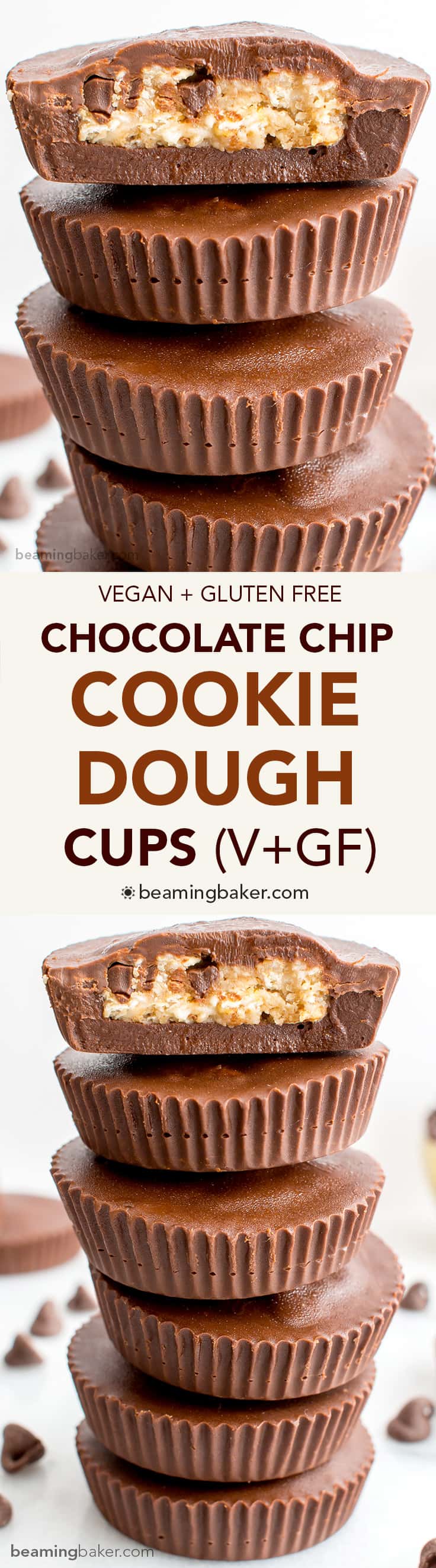 Chocolate Chip Cookie Dough Cups (V+GF): thick, indulgent, homemade chocolate cups stuffed with chocolate chip cookie dough. #Vegan #GlutenFree | BeamingBaker.com 