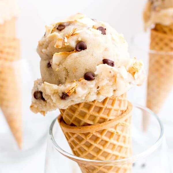 Toasted Coconut Chocolate Chip Nice Cream (V+GF): a 5 ingredient recipe for deliciously creamy vegan ice cream, exploding with coconut and chocolate chips. #Vegan #DairyFree #GlutenFree | BeamingBaker.com