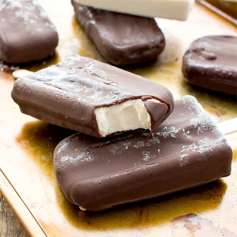 Vegan Ice Cream Bars (V+GF): a 9 ingredient recipe for the BEST decadent chocolate-dipped vegan ice cream bars made with whole ingredients. #Vegan #DairyFree #GlutenFree | BeamingBaker.com