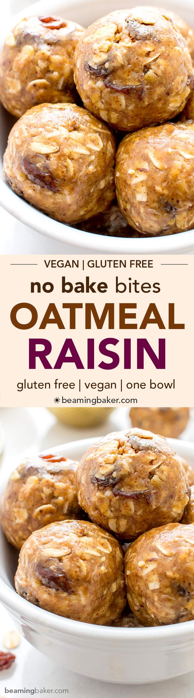 No Bake Oatmeal Raisin Bites (V+GF): A super easy, one bowl recipe for healthy energy bites bursting with oatmeal raisin cookie flavor. #Vegan #GlutenFree | BeamingBaker.com