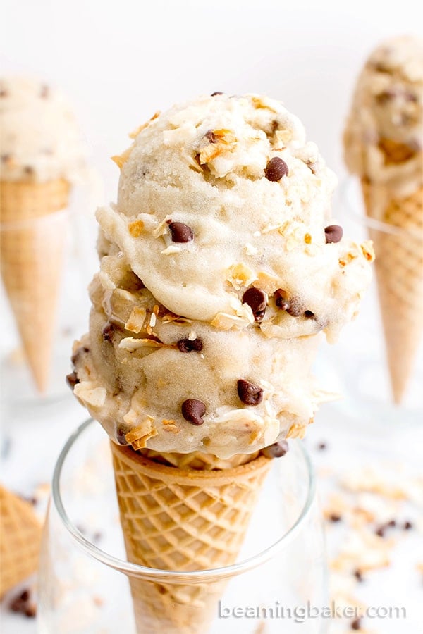 Toasted Coconut Chocolate Chip Nice Cream (V+GF): a 5 ingredient recipe for deliciously creamy vegan ice cream, exploding with coconut and chocolate chips. #Vegan #DairyFree #GlutenFree | BeamingBaker.com