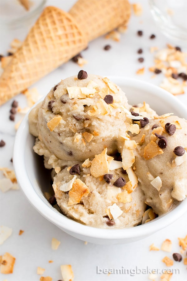 Toasted Coconut Chocolate Chip Nice Cream (V+GF): a 5 ingredient recipe for deliciously creamy vegan ice cream, exploding with coconut and chocolate chips. #Vegan #DairyFree #GlutenFree | BeamingBaker.com