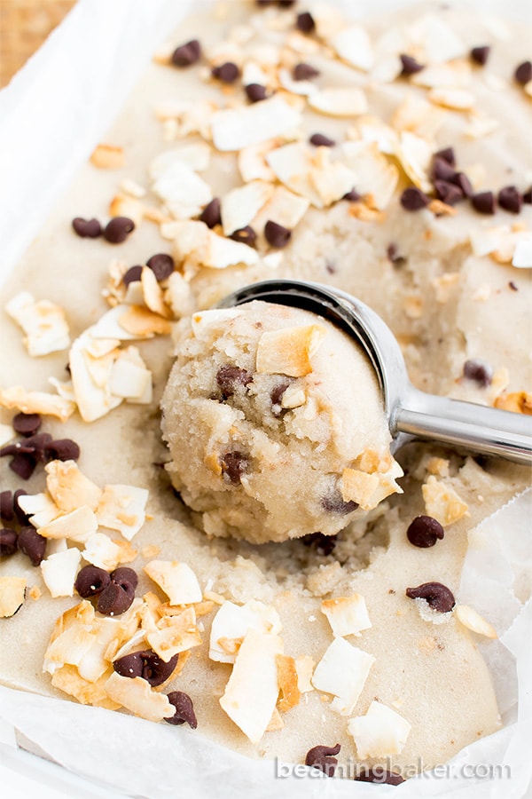 Toasted Coconut Chocolate Chip Nice Cream (V+GF): a 5 ingredient recipe for deliciously creamy vegan ice cream, exploding with coconut and chocolate chips. #Vegan #DairyFree #GlutenFree | BeamingBaker.com