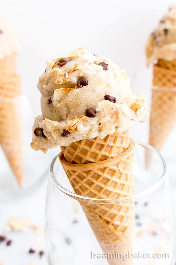 Toasted Coconut Chocolate Chip Nice Cream (V+GF): a 5 ingredient recipe for deliciously creamy vegan ice cream, exploding with coconut and chocolate chips. #Vegan #DairyFree #GlutenFree | BeamingBaker.com