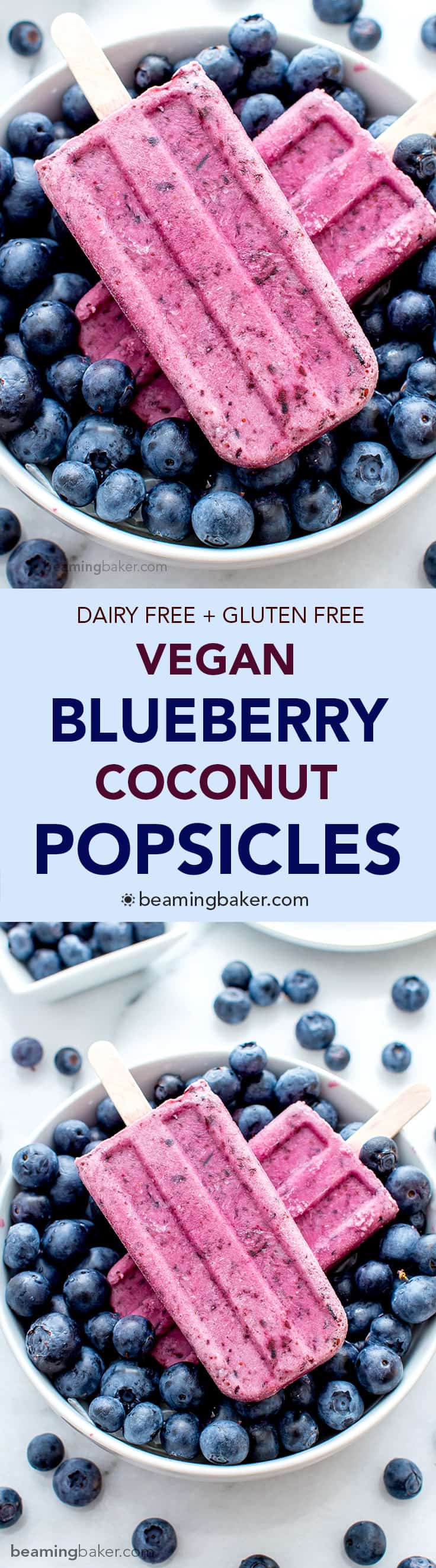 Vegan Blueberry Coconut Popsicles (V+GF): a 3 ingredient recipe for creamy popsicles packed with blueberries and coconut flavor. #Vegan #GlutenFree #DairyFree | BeamingBaker.com