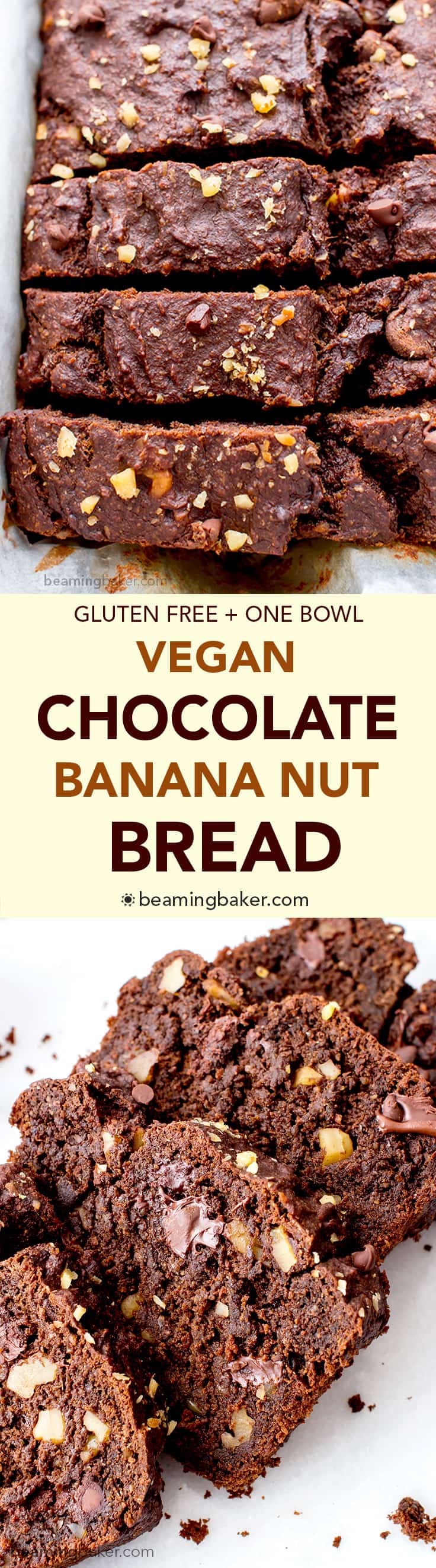 Vegan Chocolate Banana Nut Bread (V+GF): A one bowl recipe for rich, moist and chocolatey banana bread with walnuts. #Vegan #GlutenFree | BeamingBaker.com