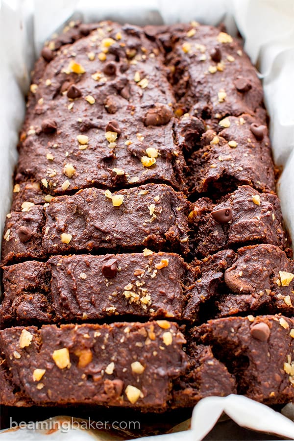 Vegan Chocolate Banana Nut Bread (V+GF): A one bowl recipe for rich, moist and chocolatey banana bread with walnuts. #Vegan #GlutenFree | BeamingBaker.com