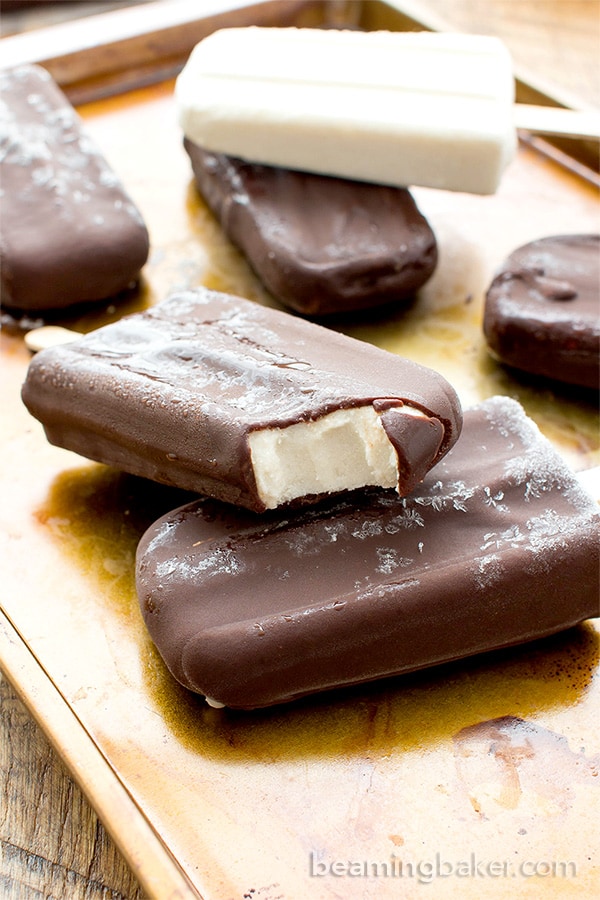 Vegan Ice Cream Bars (V+GF): a 9 ingredient recipe for the BEST decadent chocolate-dipped vegan ice cream bars made with whole ingredients. #Vegan #DairyFree #GlutenFree | BeamingBaker.com