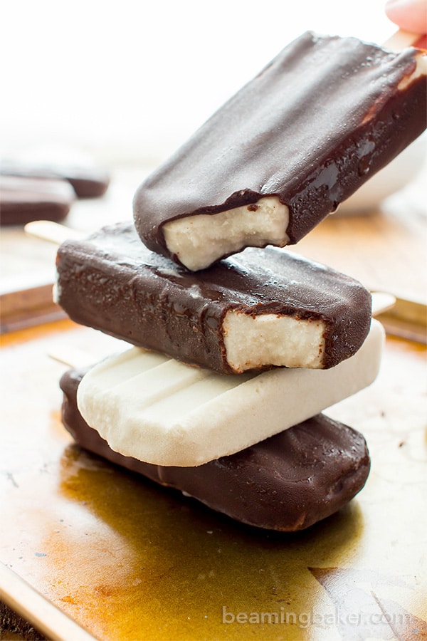 Vegan Ice Cream Bars (V+GF): an 8 ingredient recipe for the BEST decadent chocolate-dipped vegan ice cream bars made with whole ingredients. #Vegan #DairyFree #Paleo #GlutenFree | BeamingBaker.com