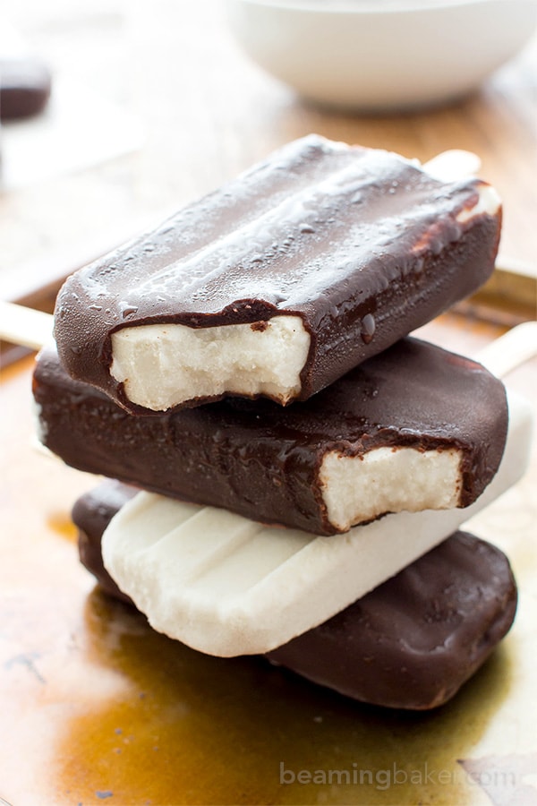 Vegan Ice Cream Bars (V+GF): a 9 ingredient recipe for the BEST decadent chocolate-dipped vegan ice cream bars made with whole ingredients. #Vegan #DairyFree #GlutenFree | BeamingBaker.com