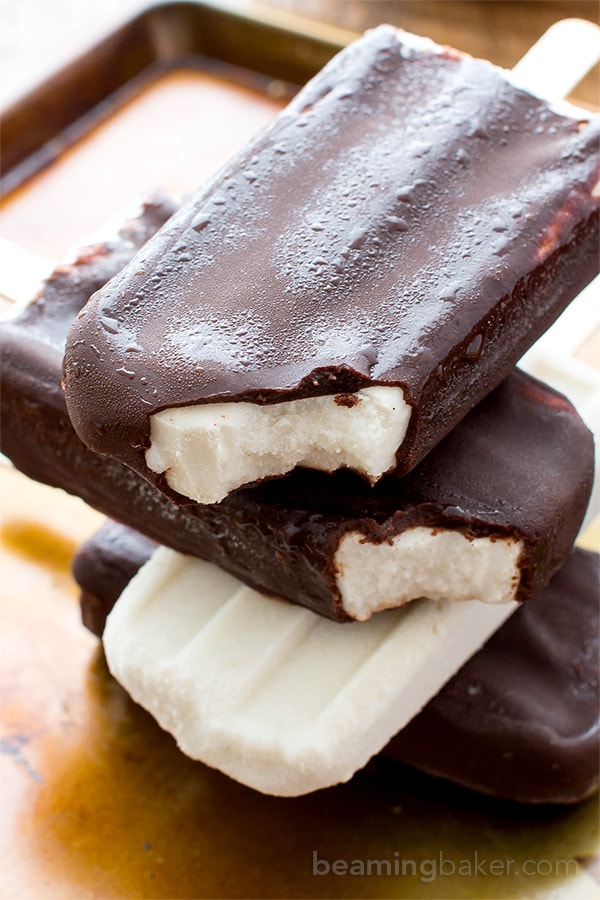 Vegan Ice Cream Bars (V+GF): an 8 ingredient recipe for the BEST decadent chocolate-dipped vegan ice cream bars made with whole ingredients. #Vegan #DairyFree #Paleo #GlutenFree | BeamingBaker.com