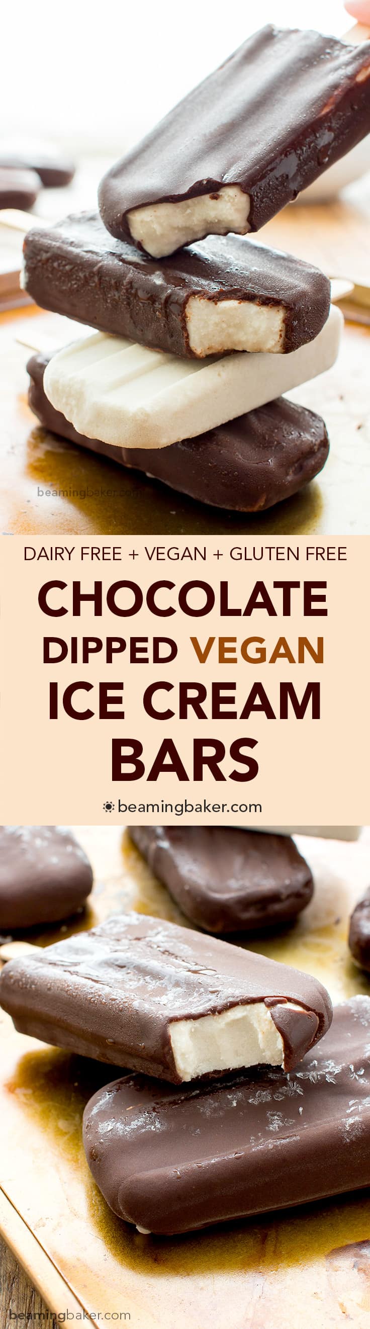 Vegan Ice Cream Bars (V+GF): an 8 ingredient recipe for the BEST decadent chocolate-dipped vegan ice cream bars made with whole ingredients. #Vegan #DairyFree #Paleo #GlutenFree | BeamingBaker.com
