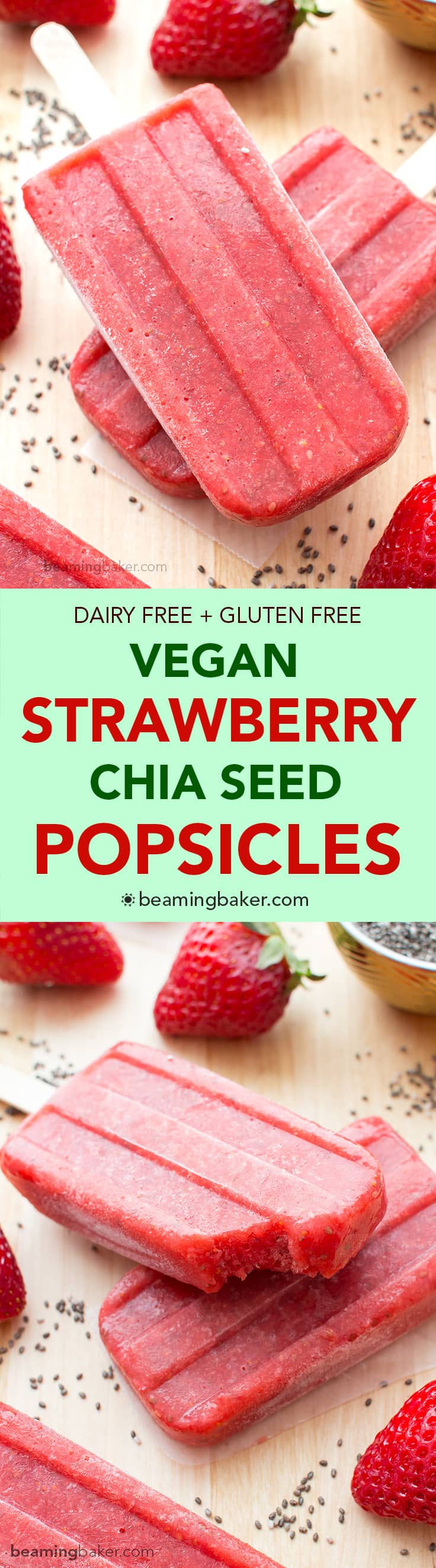 egan Strawberry Chia Seed Popsicles (V+GF): a 3 ingredient recipe for delicious, refreshing strawberry popsicles bursting with chia seeds. #Vegan #DairyFree #GlutenFree | BeamingBaker.com