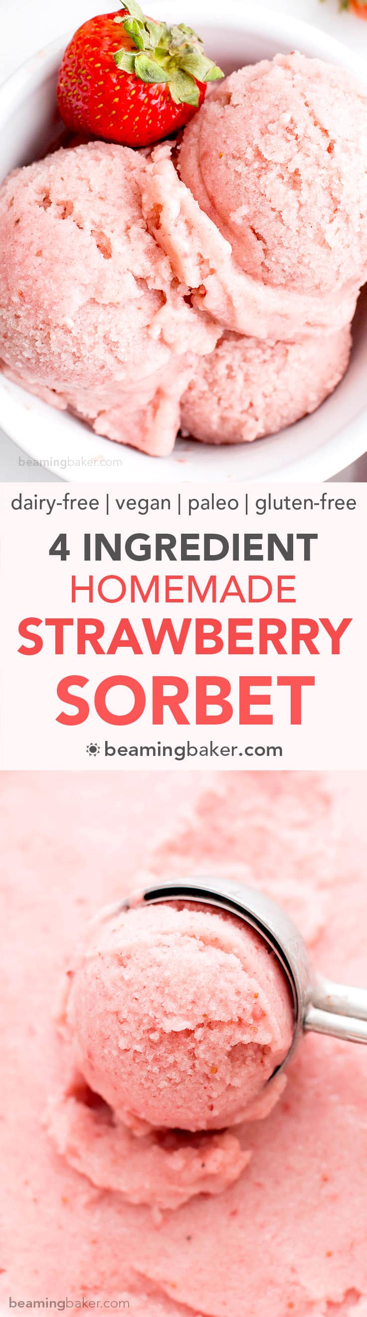 4 Ingredient Homemade Strawberry Sorbet (V+GF): an easy recipe for deliciously creamy and refreshing strawberry sorbet. #Vegan #DairyFree #Paleo #GlutenFree | BeamingBaker.com