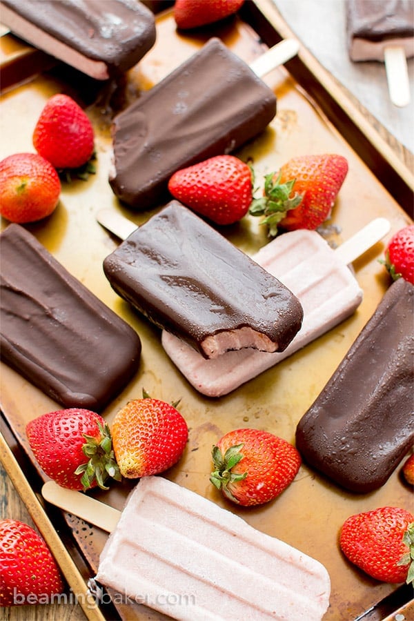 Chocolate-covered Strawberry Ice Cream Bars (V+GF): a 6 ingredient recipe for amazing ice cream bars that taste like chocolate-covered strawberries. #Vegan #DairyFree #Paleo #GlutenFree | BeamingBaker.com