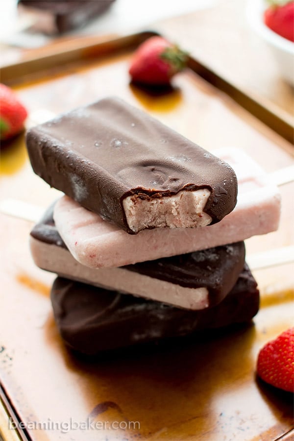 Chocolate-covered Strawberry Ice Cream Bars (V+GF): a 6 ingredient recipe for amazing ice cream bars that taste like chocolate-covered strawberries. #Vegan #DairyFree #Paleo #GlutenFree | BeamingBaker.com