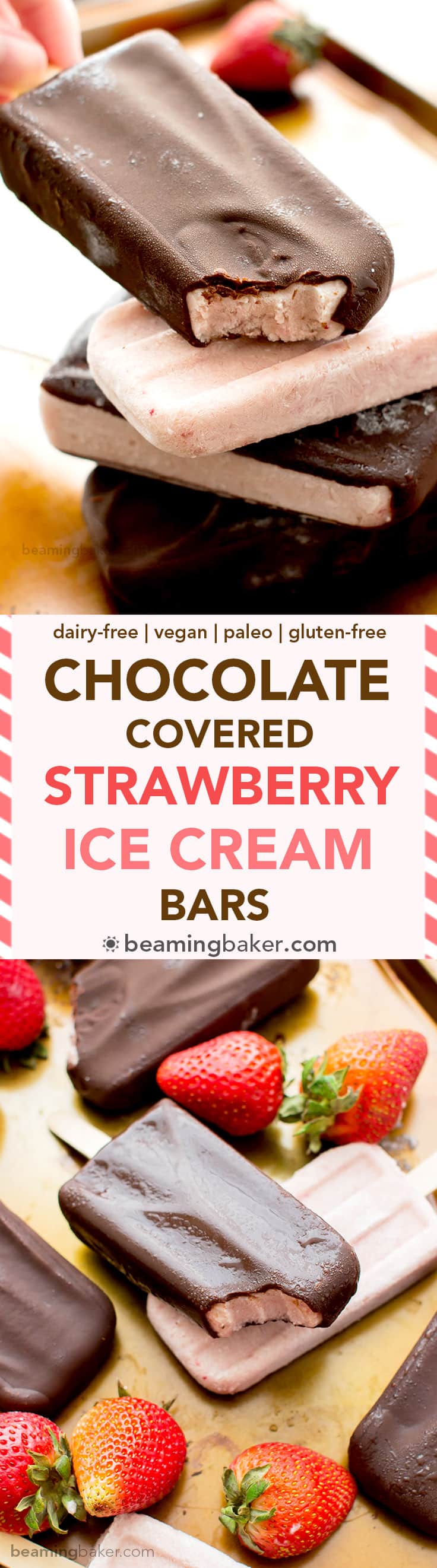 Chocolate-covered Strawberry Ice Cream Bars (V+GF): a 6 ingredient recipe for amazing ice cream bars that taste like chocolate-covered strawberries. #Vegan #DairyFree #Paleo #GlutenFree | BeamingBaker.com