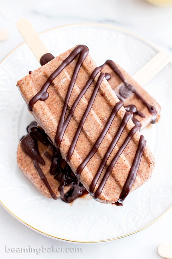 Double Chocolate Peanut Butter Banana Popsicles (V+GF): a 6 ingredient plant-based recipe for rich, creamy chocolate-drizzled peanut butter banana popsicles. #Vegan #GlutenFree #DairyFree | BeamingBaker.com