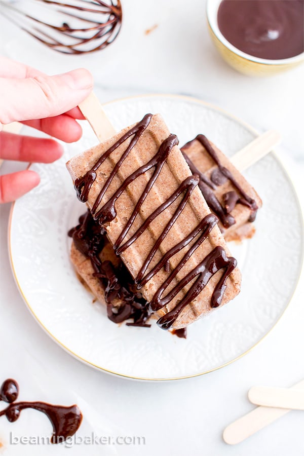 Double Chocolate Peanut Butter Banana Popsicles (V+GF): a 6 ingredient plant-based recipe for rich, creamy chocolate-drizzled peanut butter banana popsicles. #Vegan #GlutenFree #DairyFree | BeamingBaker.com