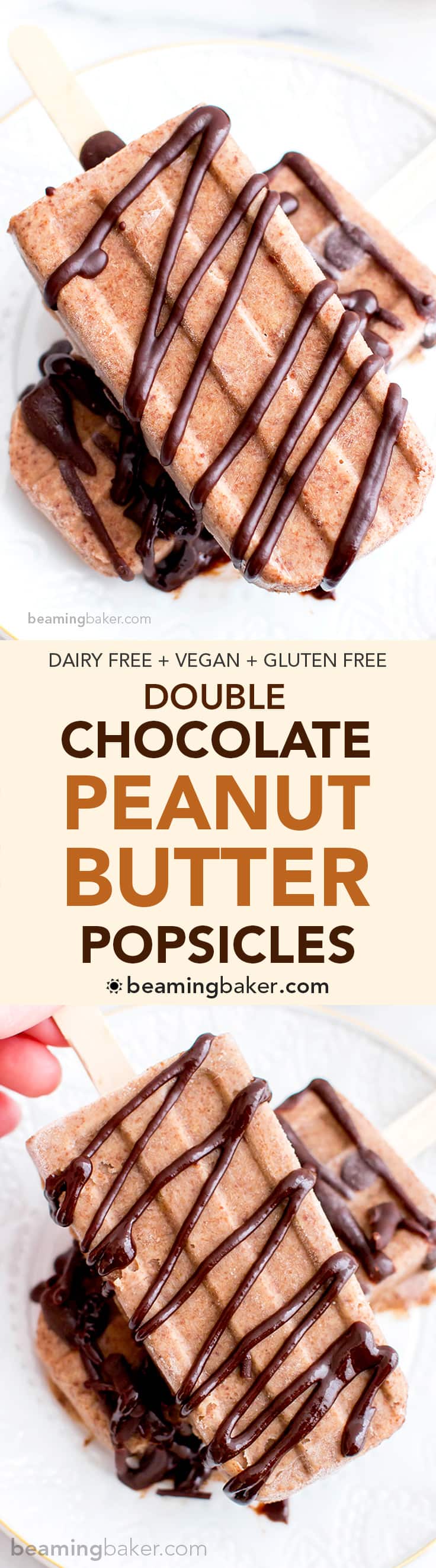 Double Chocolate Peanut Butter Banana Popsicles (V+GF): a 6 ingredient plant-based recipe for rich, creamy chocolate-drizzled peanut butter banana popsicles. #Vegan #GlutenFree #DairyFree | BeamingBaker.com