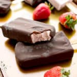 Chocolate-covered Strawberry Ice Cream Bars (V+GF): a 6 ingredient recipe for amazing ice cream bars that taste like chocolate-covered strawberries. #Vegan #DairyFree #Paleo #GlutenFree | BeamingBaker.com