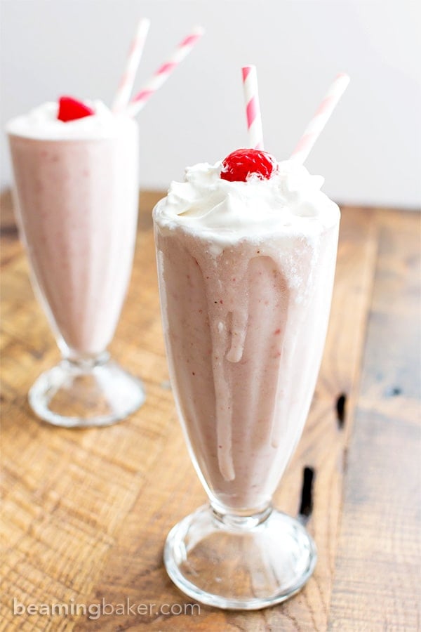 Vegan Strawberry Coconut Milkshake (V+GF): a 4 ingredient recipe for creamy and thick strawberry coconut milkshakes. #Vegan #GlutenFree #DairyFree | BeamingBaker