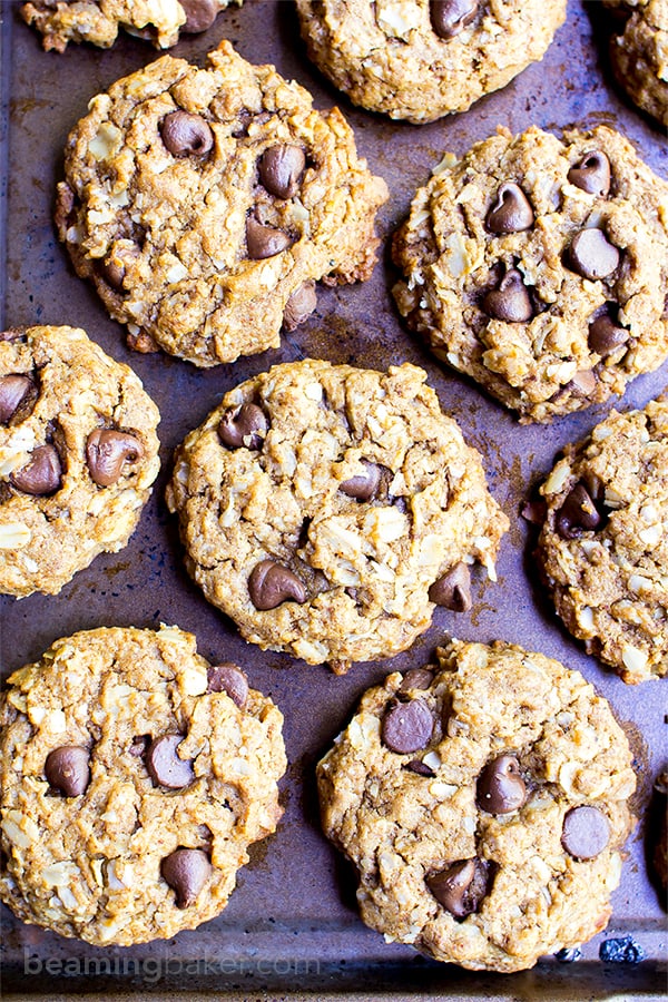 Almond Butter Oatmeal Chocolate Chip Cookies (V+GF): An easy recipe for deliciously simple chocolate chip cookies packed with almond butter, oats and coconut. #Vegan #GlutenFree #DairyFree | BeamingBaker.com