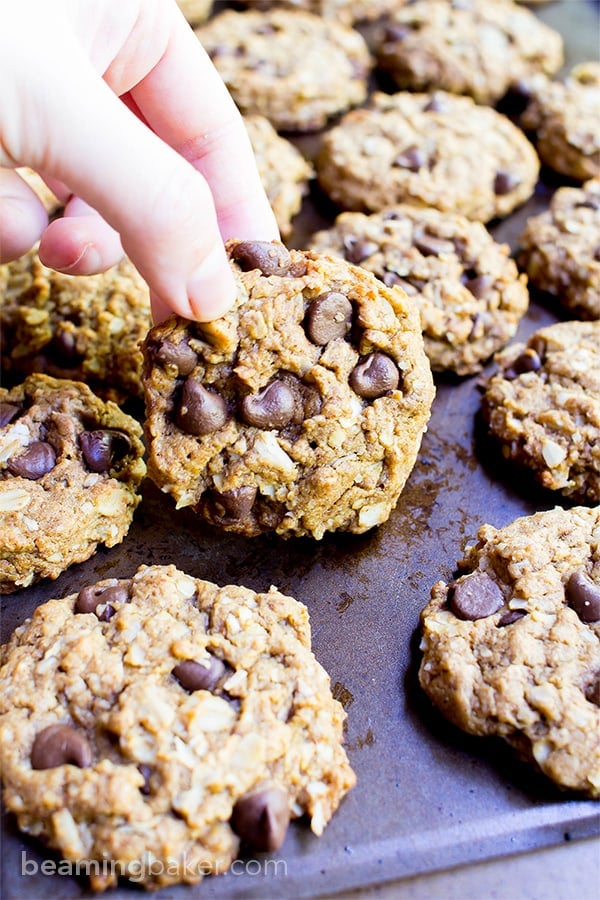 Almond Butter Oatmeal Chocolate Chip Cookies (V+GF): An easy recipe for deliciously simple chocolate chip cookies packed with almond butter, oats and coconut. #Vegan #GlutenFree #DairyFree | BeamingBaker.com