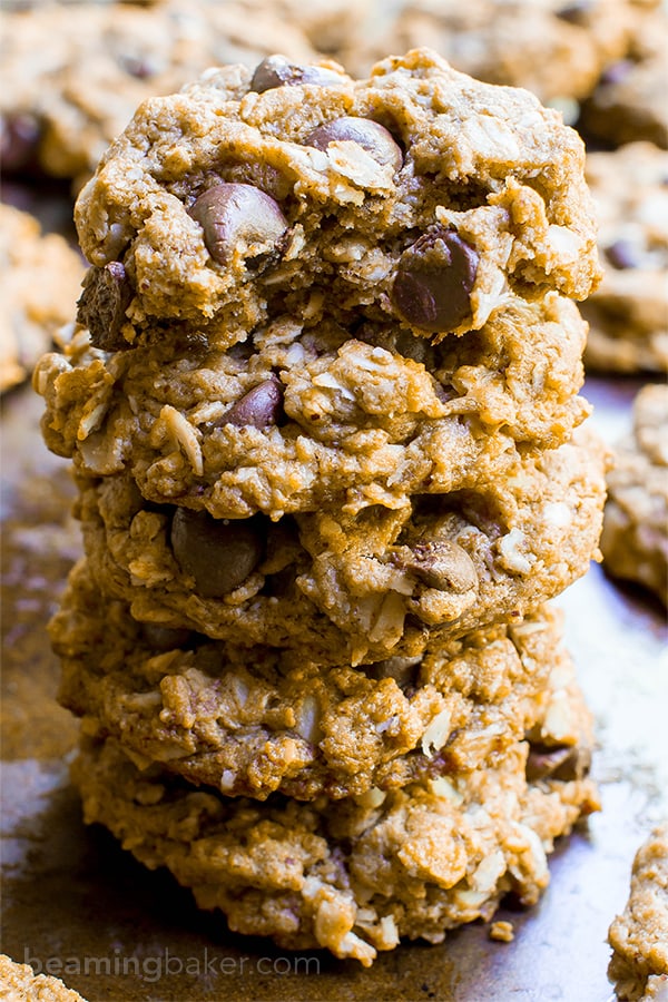 Almond Butter Oatmeal Chocolate Chip Cookies (V+GF): An easy recipe for deliciously simple chocolate chip cookies packed with almond butter, oats and coconut. #Vegan #GlutenFree #DairyFree | BeamingBaker.com