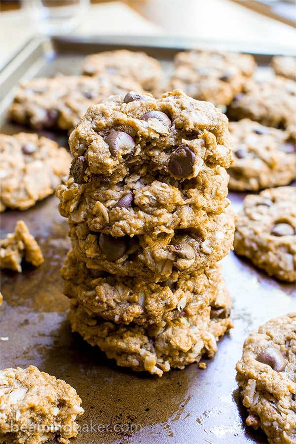 Almond Butter Oatmeal Chocolate Chip Cookies (V+GF): An easy recipe for deliciously simple chocolate chip cookies packed with almond butter, oats and coconut. #Vegan #GlutenFree #DairyFree | BeamingBaker.com