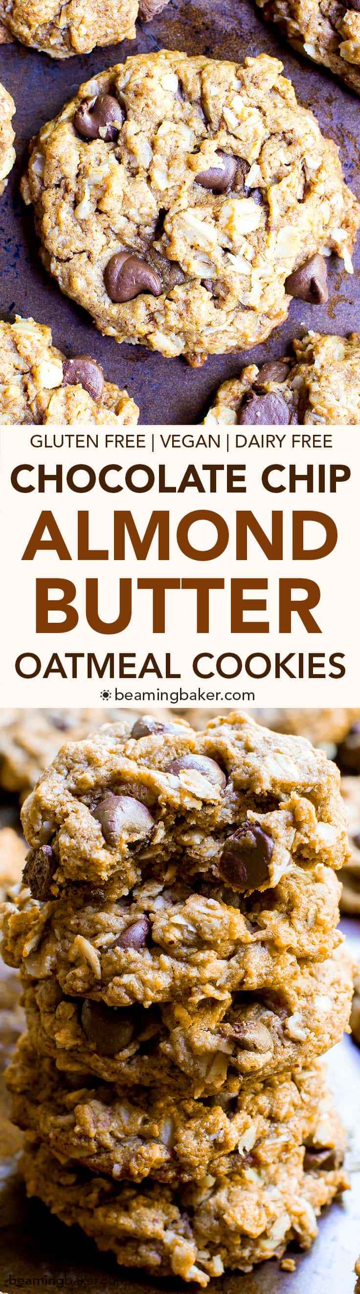 Almond Butter Oatmeal Chocolate Chip Cookies (V+GF): An easy recipe for deliciously simple chocolate chip cookies packed with almond butter, oats and coconut. #Vegan #GlutenFree #DairyFree | BeamingBaker.com