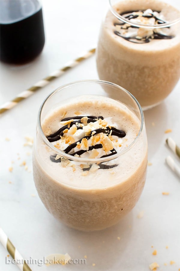 Coffee Coconut Frappuccino (V +GF): a 3 ingredient recipe for deliciously thick, creamy frappes bursting with coffee and coconut flavor. #Vegan #Paleo #GlutenFree #DairyFree | BeamingBaker.com